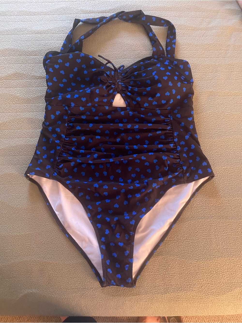 Women’s black One-Piece Swimsuit with Blue Heart Print No size tag.